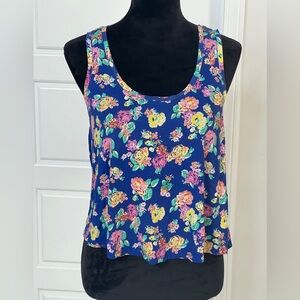 Lightweight Eyelash Couture Floral Tank Top - Blue with Multicolor Blooms, Hi-Lo